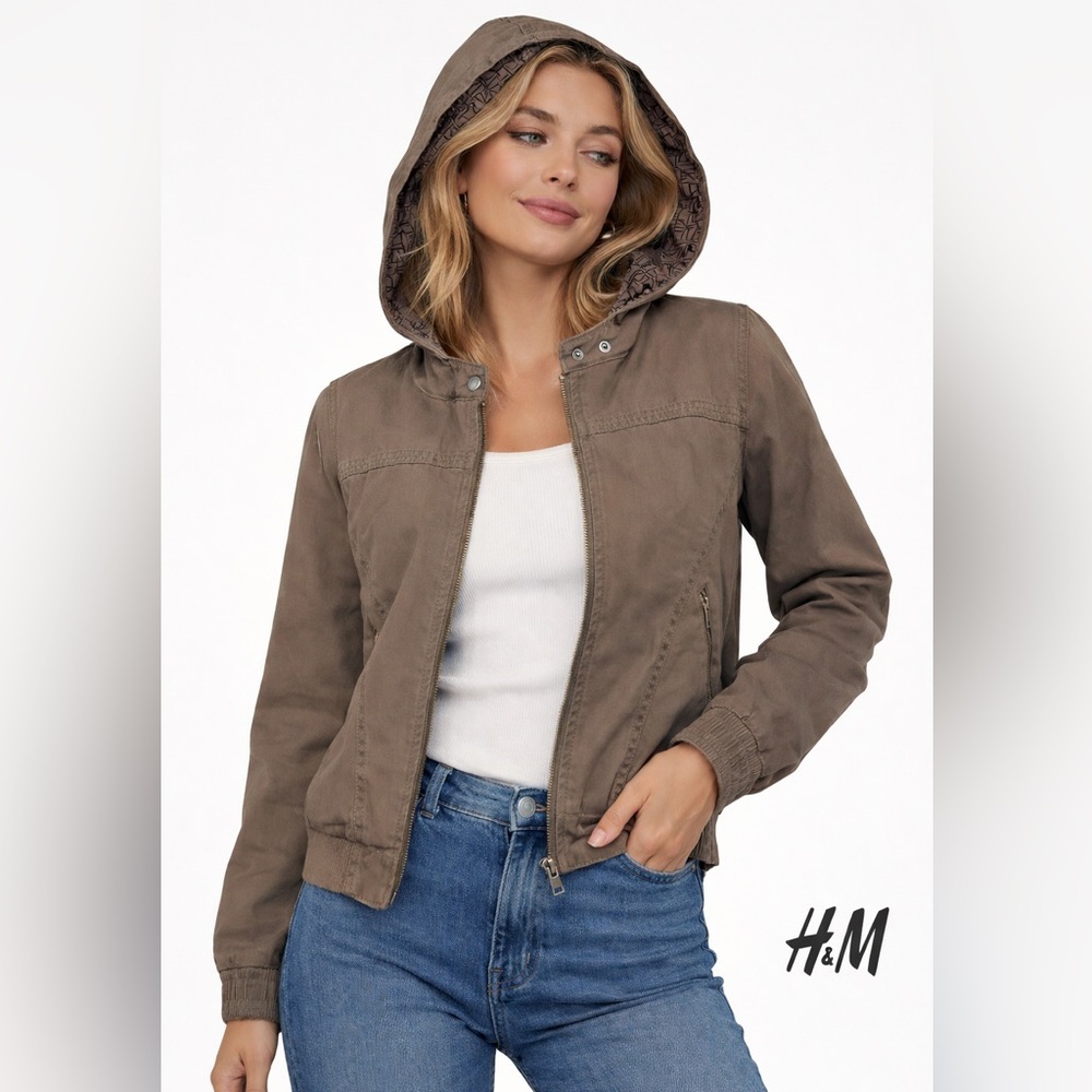 DIVIDED by H&M Khaki Utility Jacket Women’s‎ Size 8 Hooded Army Style 100%cotton